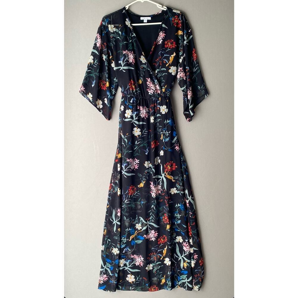 New York & Company Boho Beachy Relaxed Fairy Ethereal Floral Maxi Dress XS Black